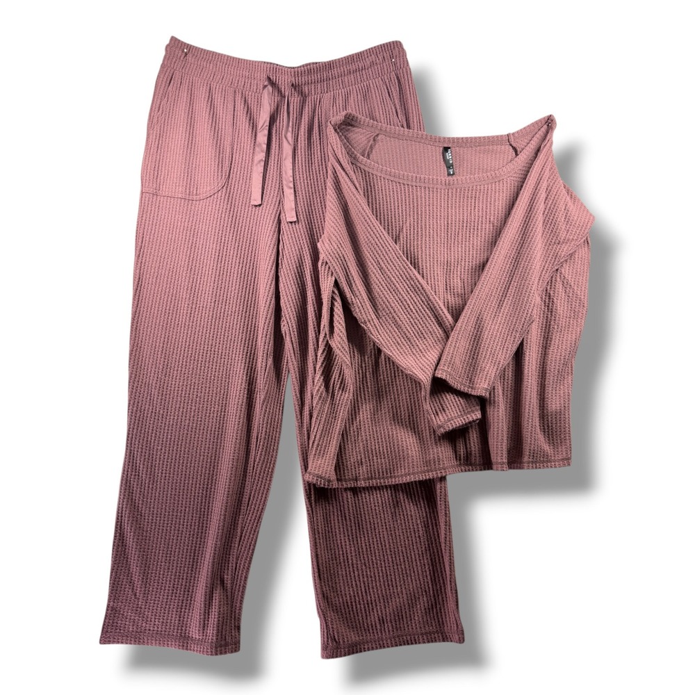 Torrid Sleep Womens 2 Plus Waffle Knit Pajama Set Mauve Pink Long Sleeve Pants